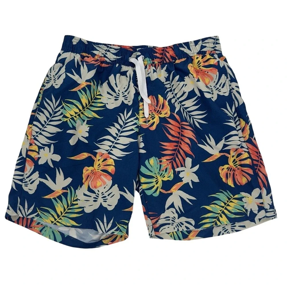 Tipsyelves Casual Tropical Floral Swim Trunks Men's Navy Blue Drawstring Pockets